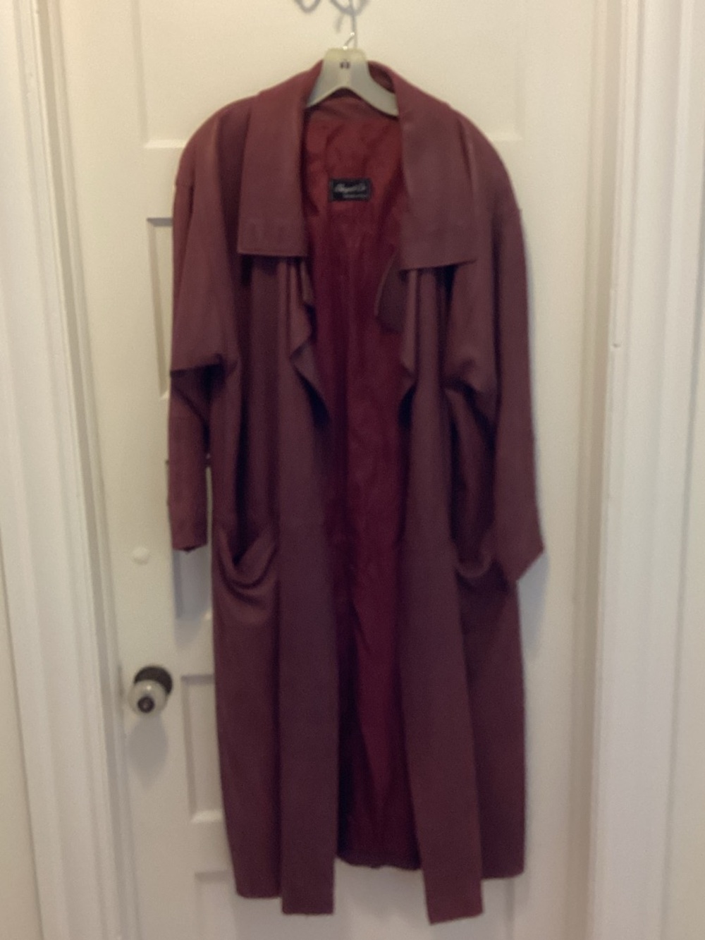 Draped Open-Front Trench Coat in Deep Wine
